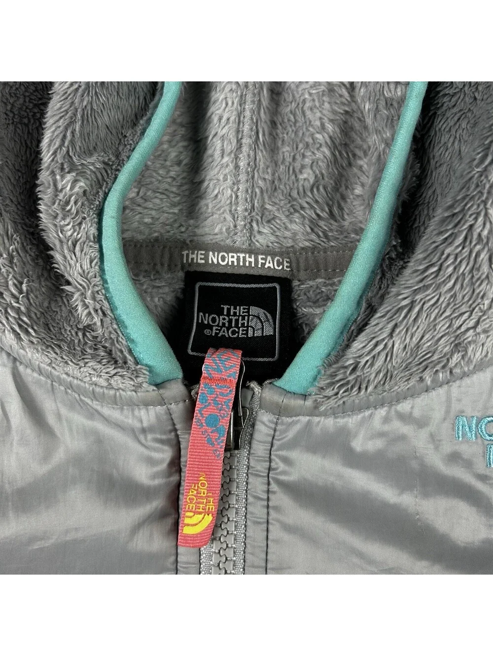 The North Face Girls XL 18 Gray Turquoise Fleece Full Zip Hooded Jacket